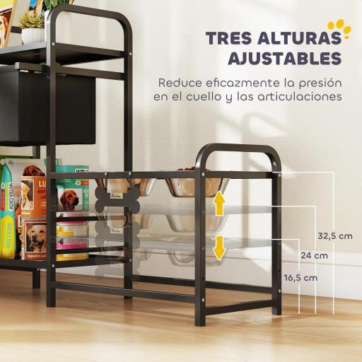 Comedero Perro Elevado con Cajón de Tela 2 Cuencos de Acero Inoxidable 2x800 ml Altura Ajustable 2 Estantes Negro [4]