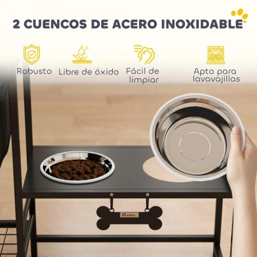Comedero Perro Elevado con Cajón de Tela 2 Cuencos de Acero Inoxidable 2x800 ml Altura Ajustable 2 Estantes Negro [5]