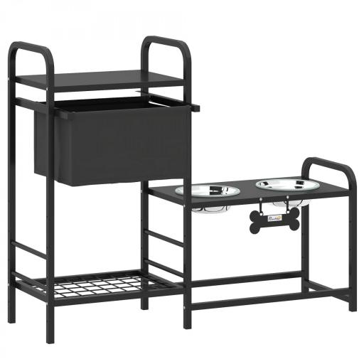 Comedero Perro Elevado con Cajón de Tela 2 Cuencos de Acero Inoxidable 2x800 ml Altura Ajustable 2 Estantes Negro [9]