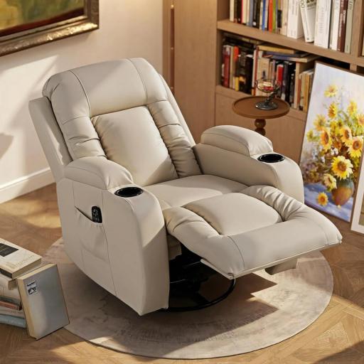 Sillón de Masaje Giratorio Sillón Relax Reclinable con 8 Puntos de Masaje Función de Calefacción 82x99x103 cm Crema [7]