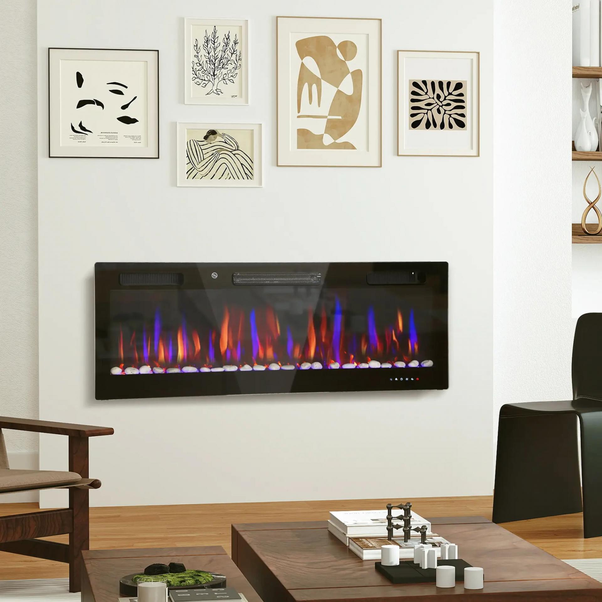 Chimenea Eléctrica Pared Empotrable Ultrafina con Llama 3D Brillo/Velocidad Ajustable y 12 Colores Guijarros 900/1800W
