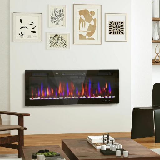Chimenea Eléctrica Pared Empotrable Ultrafina con Llama 3D Brillo/Velocidad Ajustable y 12 Colores Guijarros 900/1800W