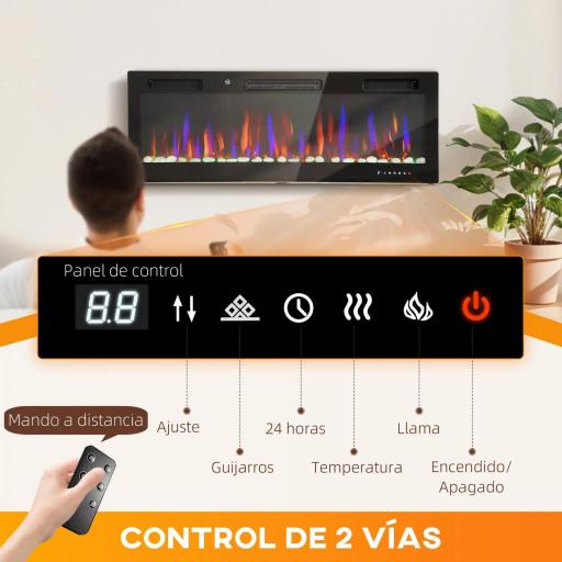 Chimenea Eléctrica Pared Empotrable Ultrafina con Llama 3D Brillo/Velocidad Ajustable y 12 Colores Guijarros 900/1800W [2]
