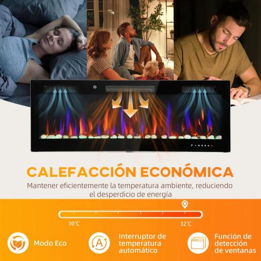 Chimenea Eléctrica Pared Empotrable Ultrafina con Llama 3D Brillo/Velocidad Ajustable y 12 Colores Guijarros 900/1800W [7]