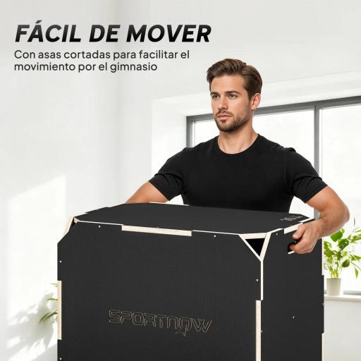 Cajón Pliométrico de Madera 3 en 1 con 3 Alturas Diferentes Asas sin Esquinas Entrenamiento de Salto 76x61x51 cm Negro [3]