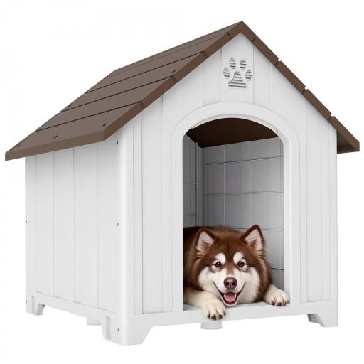 Caseta para Perros Exterior Casa para Perros Extragrandes de Plástico con 2 Ventanas Base Elevada Estacas Marrón Oscuro [7]
