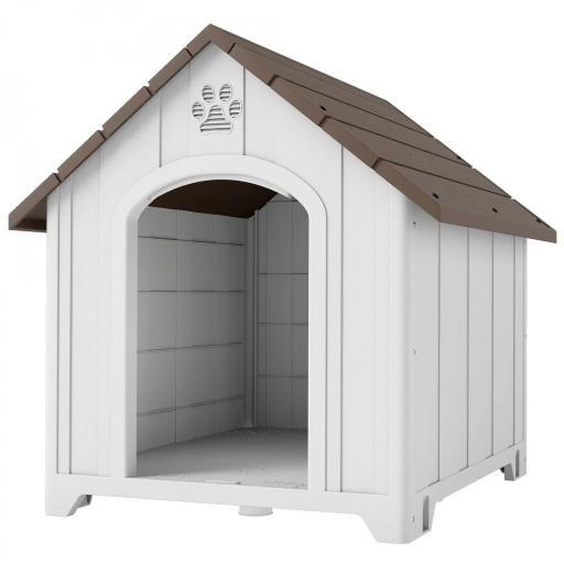 Caseta para Perros Exterior Casa para Perros Extragrandes de Plástico con 2 Ventanas Base Elevada Estacas Marrón Oscuro [9]