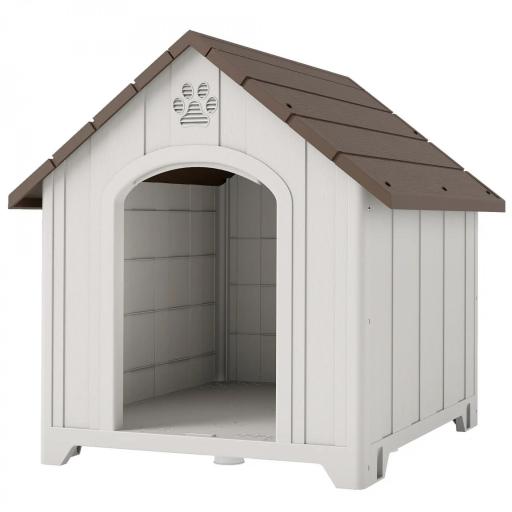 Caseta para Perros Exterior Casa para Perros Grandes de Plástico con 2 Ventanas Base Elevada Estacas Marrón Oscuro [9]