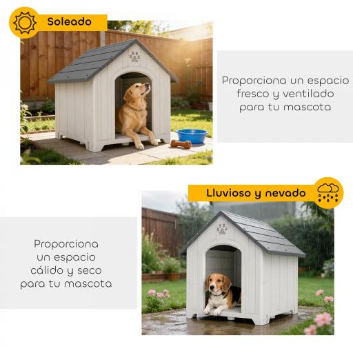 Caseta para Perros Exterior Casa para Perros Grandes de Plástico con 2 Ventanas Base Elevada Estacas Gris [3]