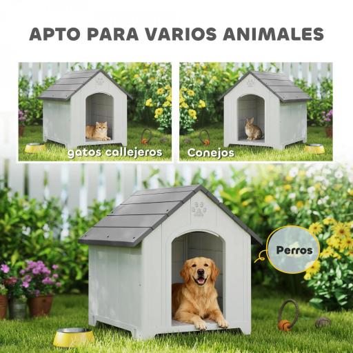 Caseta para Perros Exterior Casa para Perros Grandes de Plástico con 2 Ventanas Base Elevada Estacas Gris [4]