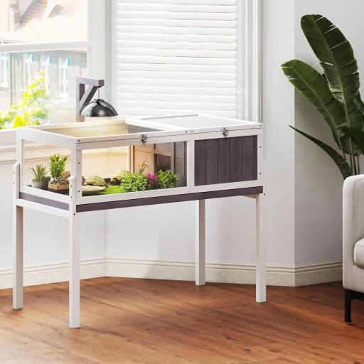 Casa para Tortugas de Madera con Techo de Malla Bandeja Extraíble y Soporte para Lámpara 104x53x82 cm Gris y Blanco