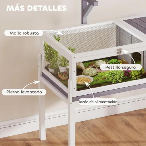 Casa para Tortugas de Madera con Techo de Malla Bandeja Extraíble y Soporte para Lámpara 104x53x82 cm Gris y Blanco [6]