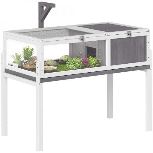 Casa para Tortugas de Madera con Techo de Malla Bandeja Extraíble y Soporte para Lámpara 104x53x82 cm Gris y Blanco [7]