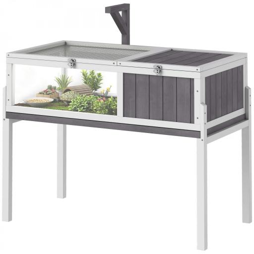 Casa para Tortugas de Madera con Techo de Malla Bandeja Extraíble y Soporte para Lámpara 104x53x82 cm Gris y Blanco [8]
