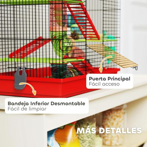 Jaula para Hámster de 5 Niveles 47x30x59 cm con Túnel Comedero Bebedero Casita Rueda de Ejercicio Escaleras Rojo [3]