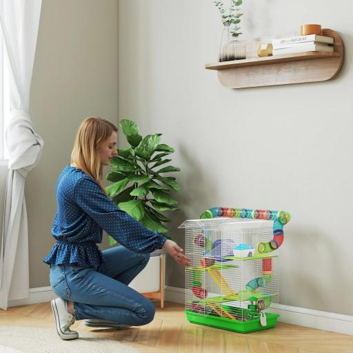 Jaula para Hámster de 5 Niveles 47x30x59 cm con Túnel Comedero Bebedero Casita Rueda de Ejercicio Escaleras Verde [2]