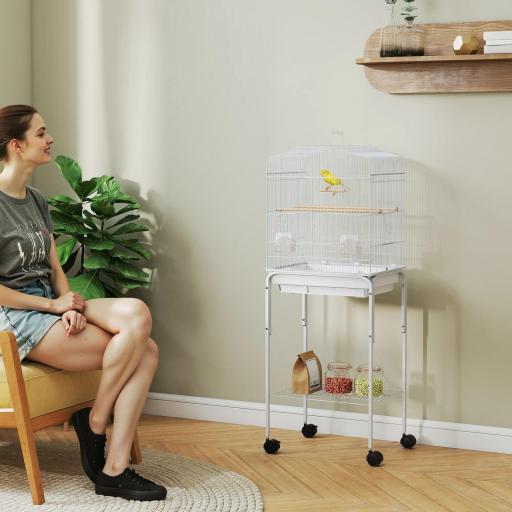 Jaula para Pájaros con Ruedas Estante Puertas 2 Comederos 2 Perchas Columpio Bandeja Extraíble 46,5x36x124 cm Blanco