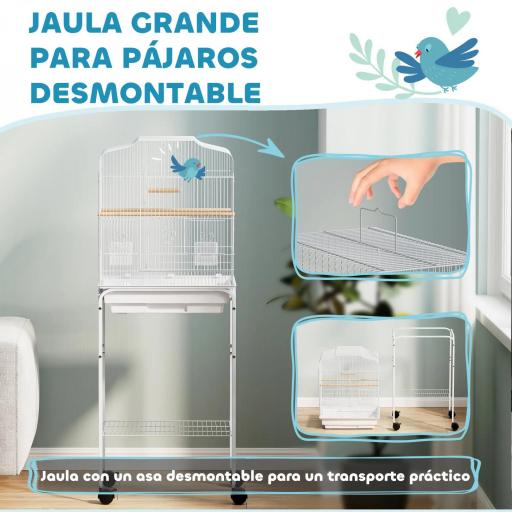 Jaula para Pájaros con Ruedas Estante Puertas 2 Comederos 2 Perchas Columpio Bandeja Extraíble 46,5x36x124 cm Blanco [2]