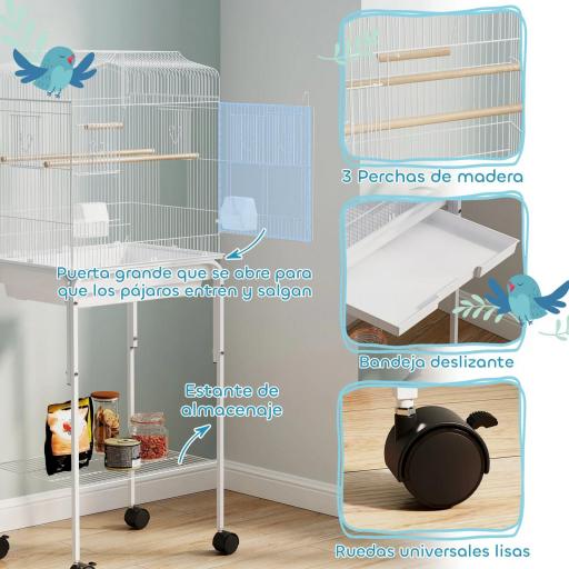 Jaula para Pájaros con Ruedas Estante Puertas 2 Comederos 2 Perchas Columpio Bandeja Extraíble 46,5x36x124 cm Blanco [4]