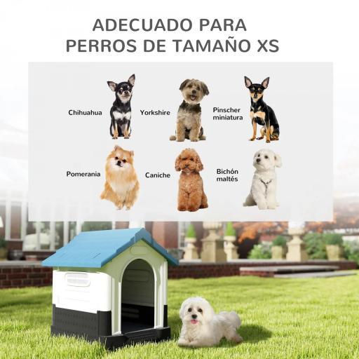 Caseta para Perros Mini para Exterior de Plástico con 3 Ventanas Base Elevada Techo Inclinado 64,5x57x66 cm Azul [4]