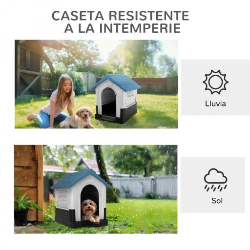 Caseta para Perros Mini para Exterior de Plástico con 3 Ventanas Base Elevada Techo Inclinado 64,5x57x66 cm Azul [1]