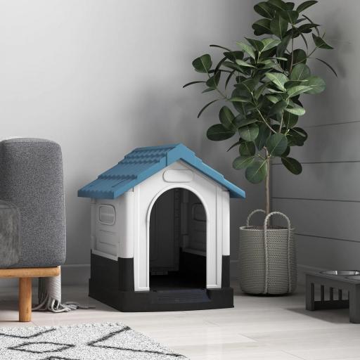 Caseta para Perros Mini para Exterior de Plástico con 3 Ventanas Base Elevada Techo Inclinado 64,5x57x66 cm Azul [6]