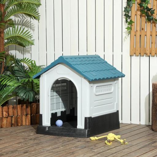 Caseta para Perros Mini para Exterior de Plástico con 3 Ventanas Base Elevada Techo Inclinado 64,5x57x66 cm Azul [2]