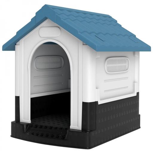 Caseta para Perros Mini para Exterior de Plástico con 3 Ventanas Base Elevada Techo Inclinado 64,5x57x66 cm Azul [9]