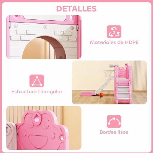 Tobogán Infantil 7 en 1 Temática de Rana con Aro de Baloncesto Túnel Pizarra Telescopio Escalador y Cajas Rosa [3]