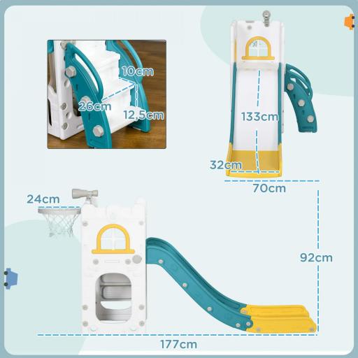 Tobogán Infantil 4 en 1 con Aro de Baloncesto Telescopio Escalador y Cesta Inferior para Interior Amarillo y Verde [1]