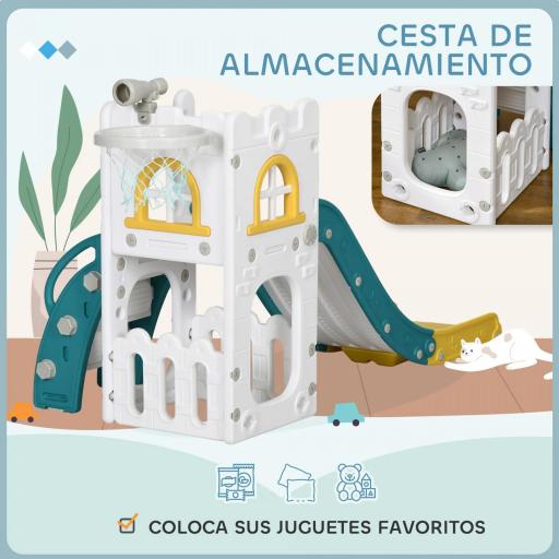 Tobogán Infantil 4 en 1 con Aro de Baloncesto Telescopio Escalador y Cesta Inferior para Interior Amarillo y Verde [4]