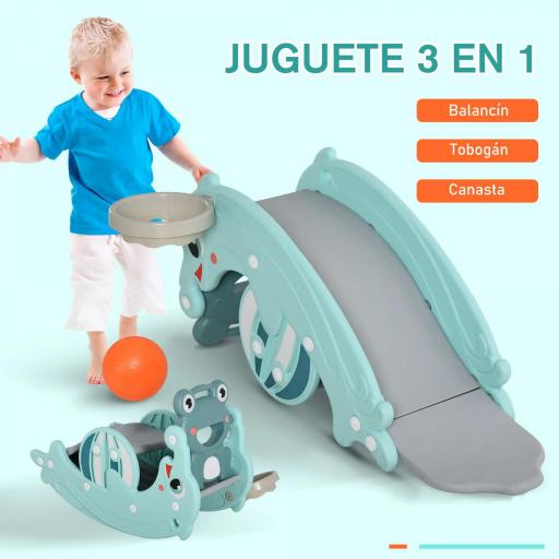  3 en 1 Caballo Balancín para Niños con Tobogán Aro de Baloncesto Set de Juegos Multifuncional con Superficies Suaves 18-36 Meses con Forma de Rana Delfín 72x34x47 cm Verde [5]