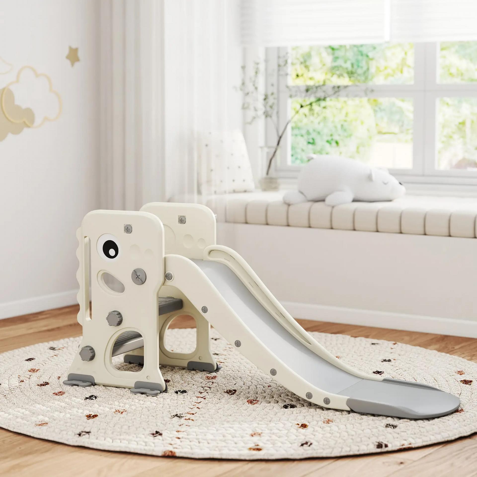 Tobogán Infantil con Diseño de Dinosaurio Canasta y Escalera para Niños de 2-5 Años para Interior 146x52x65 cm Crema