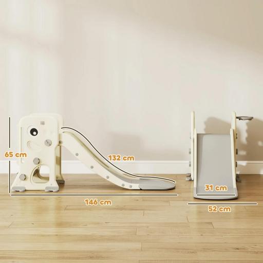 Tobogán Infantil con Diseño de Dinosaurio Canasta y Escalera para Niños de 2-5 Años para Interior 146x52x65 cm Crema [3]