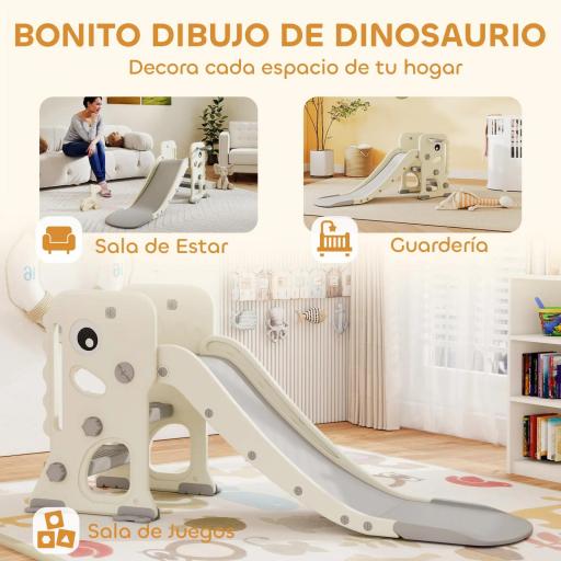 Tobogán Infantil con Diseño de Dinosaurio Canasta y Escalera para Niños de 2-5 Años para Interior 146x52x65 cm Crema [4]