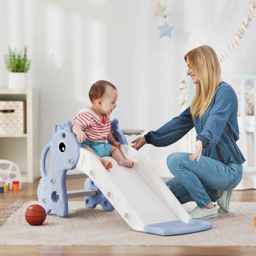 Tobogán Infantil 3 en 1 para Niños 1-3 Años con Escalera Canasta de Baloncesto y Diseño de Jirafa 106x51,5x52 cm Azul