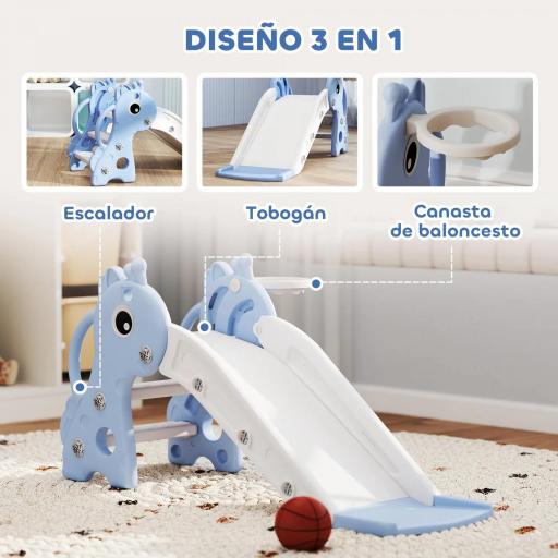 Tobogán Infantil 3 en 1 para Niños 1-3 Años con Escalera Canasta de Baloncesto y Diseño de Jirafa 106x51,5x52 cm Azul [3]
