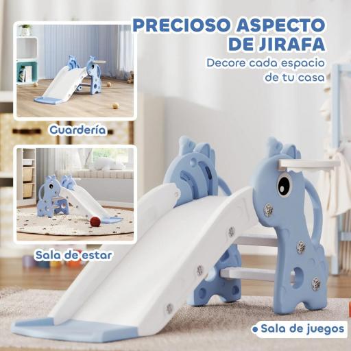 Tobogán Infantil 3 en 1 para Niños 1-3 Años con Escalera Canasta de Baloncesto y Diseño de Jirafa 106x51,5x52 cm Azul [6]