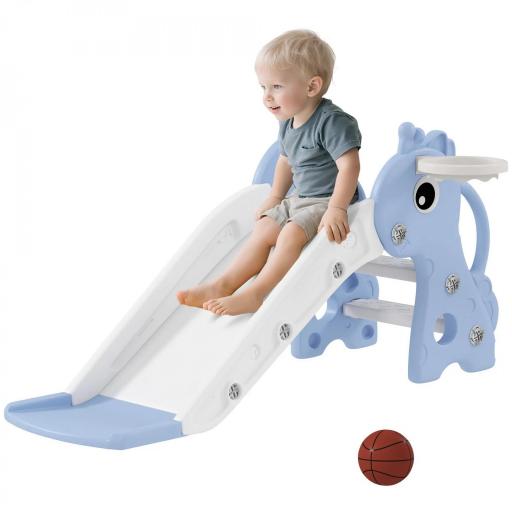 Tobogán Infantil 3 en 1 para Niños 1-3 Años con Escalera Canasta de Baloncesto y Diseño de Jirafa 106x51,5x52 cm Azul [9]