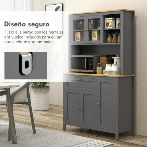 Alacena de Cocina Mueble Auxiliar de Cocina con 5 Puertas Estante Ajustable y Encimera de Microondas 100x40x180cm Gris [5]