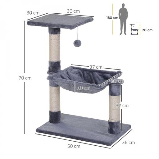 Árbol Rascador para Gatos Torre para Gatos 50x36x70 cm Centro de Actividad con Hamaca Plataforma Postes de Sisal Gris [1]