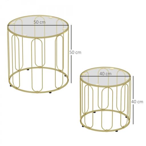 Conjunto de 2 Mesas Auxiliares Tipo Nido con Estructura de Metal y Encimera de Cristal Ø50x50 cm y Ø40x40 cm Dorado [1]