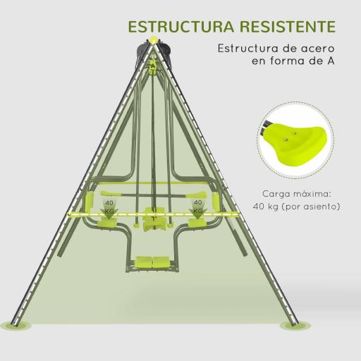 Columpio Infantil para Exterior con 6 Asientos con Marco de Acero para +3 Años 355x184x186 cm Verde [4]