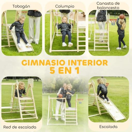 Tobogán Infantil 5 en 1 Estructura de Escalada con Tobogán Columpio Aro de Baloncesto Tabla Red de Escalada Natural [4]