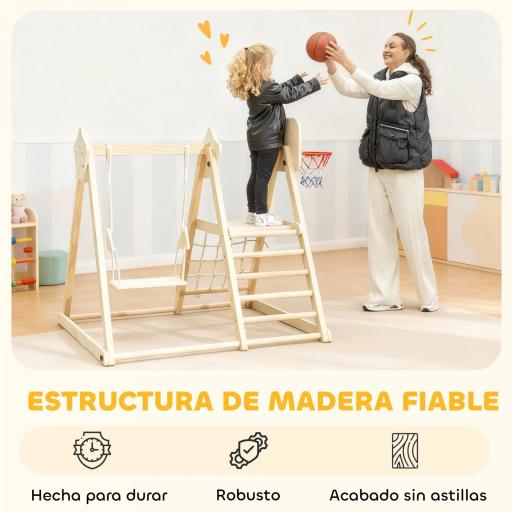 Tobogán Infantil 5 en 1 Estructura de Escalada con Tobogán Columpio Aro de Baloncesto Tabla Red de Escalada Natural [2]