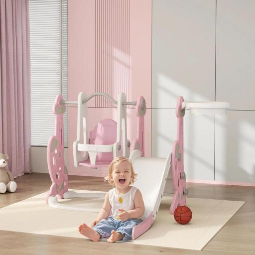 4 en 1 Parque Infantil Interior para +18 Meses Conjunto con Trepador y Canasta con Temática de Cohete Rosa y Blanco