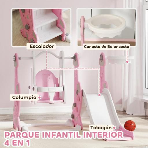 4 en 1 Parque Infantil Interior para +18 Meses Conjunto con Trepador y Canasta con Temática de Cohete Rosa y Blanco [1]