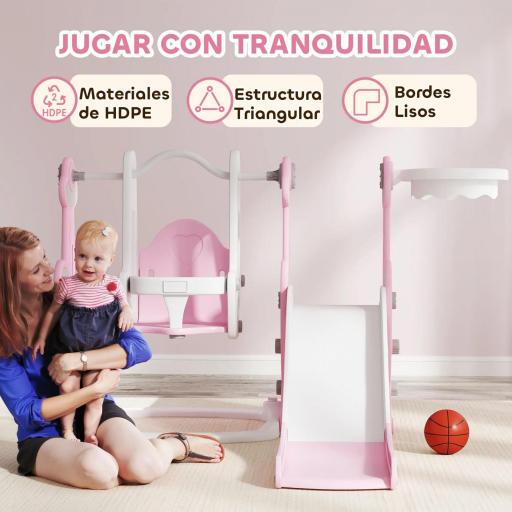 4 en 1 Parque Infantil Interior para +18 Meses Conjunto con Trepador y Canasta con Temática de Cohete Rosa y Blanco [7]