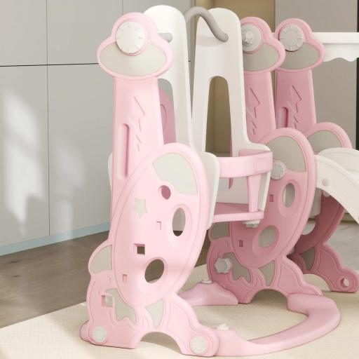 4 en 1 Parque Infantil Interior para +18 Meses Conjunto con Trepador y Canasta con Temática de Cohete Rosa y Blanco [6]