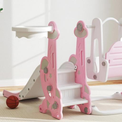 4 en 1 Parque Infantil Interior para +18 Meses Conjunto con Trepador y Canasta con Temática de Cohete Rosa y Blanco [5]